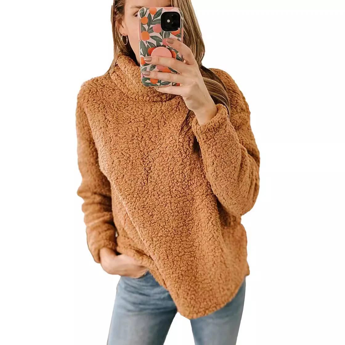 Fur Turtleneck Solid Color Sweatshirt Plush Top